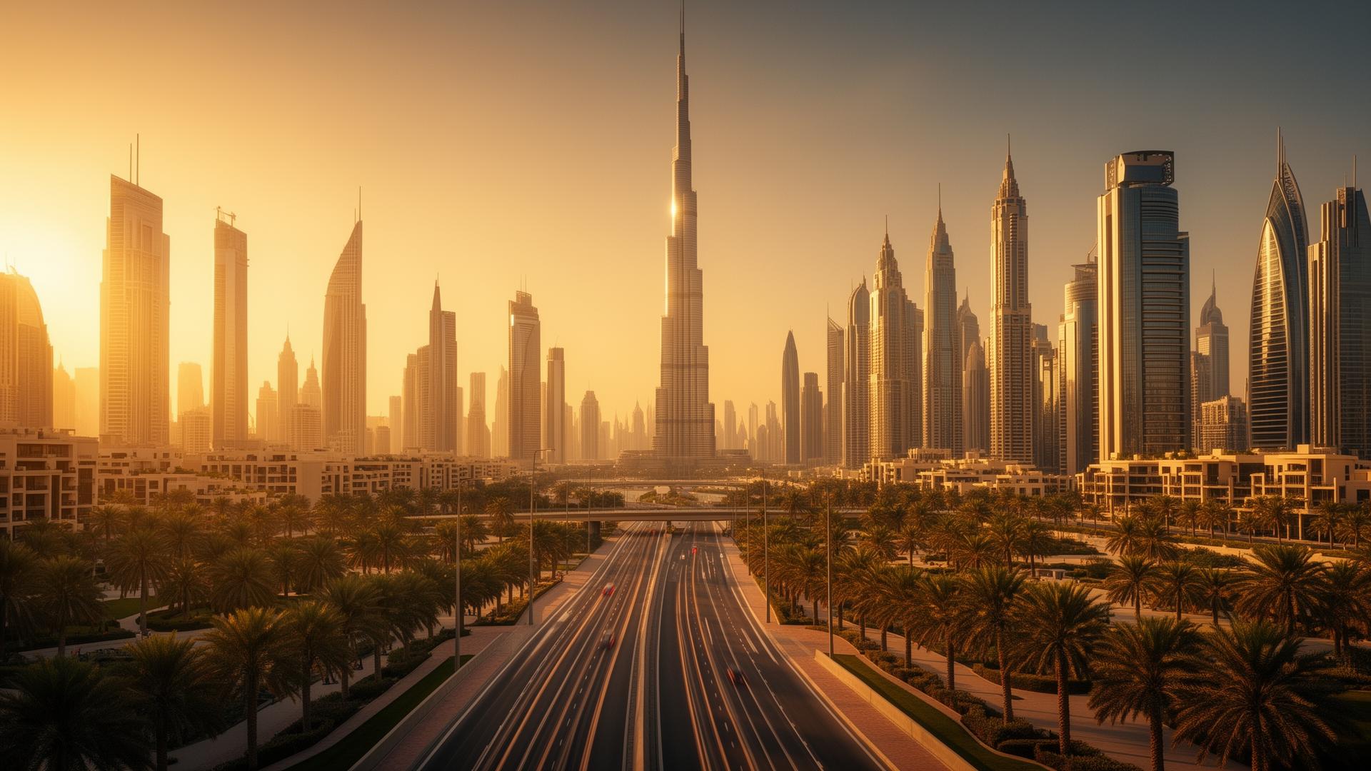 Dubai skyline at golden hour